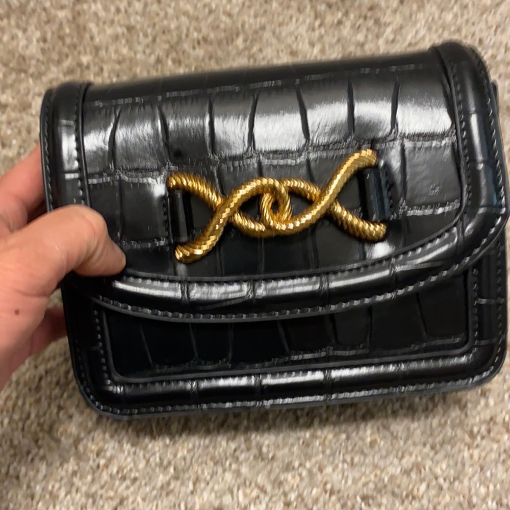 Zara Black and Gold Croc-Embossed Bag